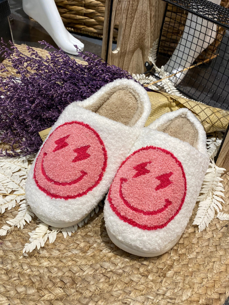 Pink Lightning Happy Face Slippers on violet